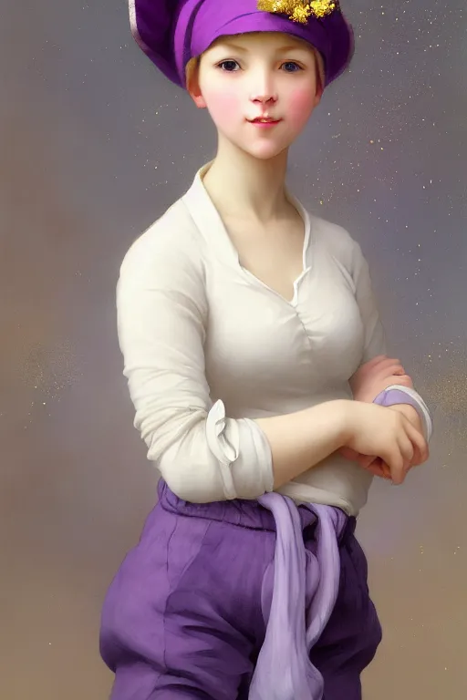 Image similar to Full View girl with short blond hair wearing an oversized purple Beret, Baggy Purple overall shorts, Short Puffy pants made of silk, silk shoes, a big billowy scarf, Golden Ribbon, and white leggings Covered in stars. Short Hair. masterpiece 4k digital illustration by Ruan Jia and Mandy Jurgens and Artgerm and william-adolphe bouguereau, award winning, Artstation, art nouveau aesthetic, Alphonse Mucha background, intricate details, realistic, panoramic view, Hyperdetailed, 8k resolution, intricate art nouveau