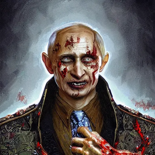 Image similar to zombie Putin in Kremlin, fantasy, intricate, highly detailed, digital painting, artstation, concept art, smooth, sharp focus, illustration, art by artgerm and greg rutkowski and alphonse mucha