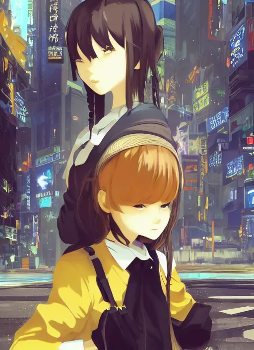 Image similar to JRPG game poster, luxury advertisement, yellow filter. Clean and detailed post-cyberpunk sci-fi close-up schoolgirl in asian city in style of cytus and deemo, blue flame, relaxing, calm and mysterious vibes, by Tsutomu Nihei, by Yoshitoshi ABe, by Ilya Kuvshinov, by Greg Tocchini, nier:automata, set in half-life 2, Matrix, GITS, Blade Runner, Neotokyo Source, Syndicate(2012), dynamic composition, beautiful with eerie vibes, very inspirational, very stylish, with gradients, surrealistic, dystopia, postapocalyptic vibes, depth of field, mist, rich cinematic atmosphere, perfect digital art, mystical journey in strange world, beautiful dramatic dark moody tones and studio lighting, shadows, bastion game, arthouse