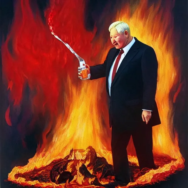 Prompt: president boris yeltsin pours red - hot lead into the mouth of a sinner in hell, infernal art in color