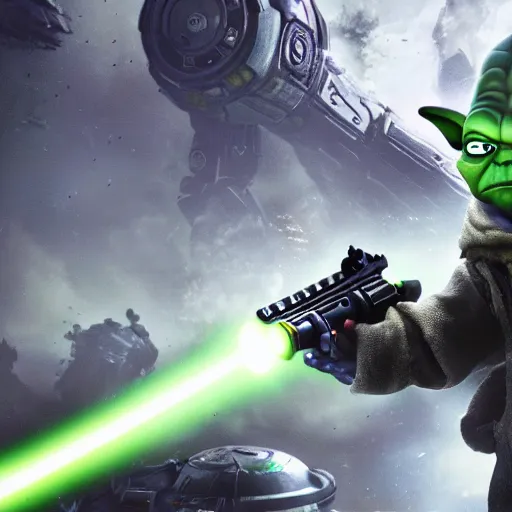 Image similar to yoda as buzz lightyear buzz lightyear in gears of war, splash art, movie still, cinematic lighting, dramatic, octane render, long lens, shallow depth of field, bokeh, anamorphic lens flare, 8 k, hyper detailed, 3 5 mm film grain