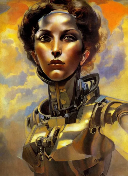 Image similar to biblical mecha slim female, dynamic pose, in clouds, sunset, big eyes, portrait by mikhail vrubel, studio lighting, muted colors, by frank frazetta, extreme detail, reflections, trending on artstation, 8 k