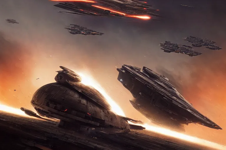 Image similar to ultra realistic, cinematic, detailed, deep focus, movie still, dramatic lighting, ray tracing, artgerm and greg rutkowski concept art for scene : the death star is rocked by explosions as the rebel fleet zooms over, unloading a heavy barrage. luke struggles to carry the enormous weight of his father's dying body toward an imperial shuttle.