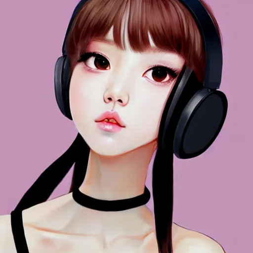 Image similar to realistic beautiful gorgeous natural cute Blackpink Lalisa Manoban black hair cute fur black cat ears, wearing white camisole, headphones, black leather choker artwork drawn full HD 4K highest quality in artstyle by professional artists WLOP, Taejune Kim, Guweiz on Pixiv Artstation