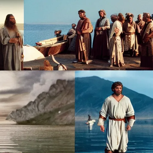 Prompt: Cinematic still of Stunned Men in 1st century clothing standing on a boat, looking in shock at the calm water, miraculous, spiritual, divine, Biblical epic directed by Ang Lee