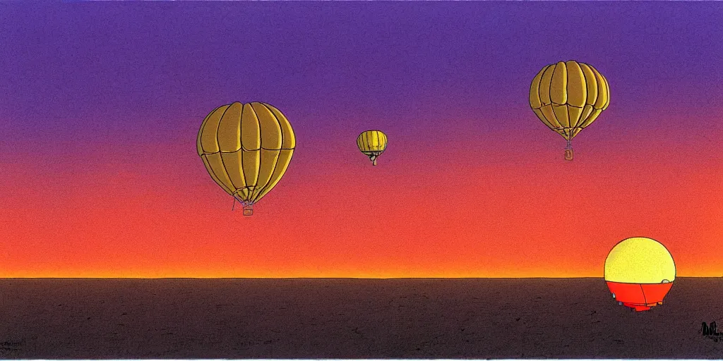 Prompt: hot air balloon, sunset, cartoon by moebius