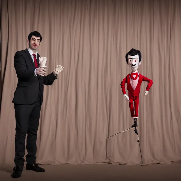 Image similar to dslr photograph of nathan fielder from nathan for you behind a puppet stage with a red curtain controlling a single marionette by the strings, high detail, 8 k, photorealism, sharp focus, volumetric lighting
