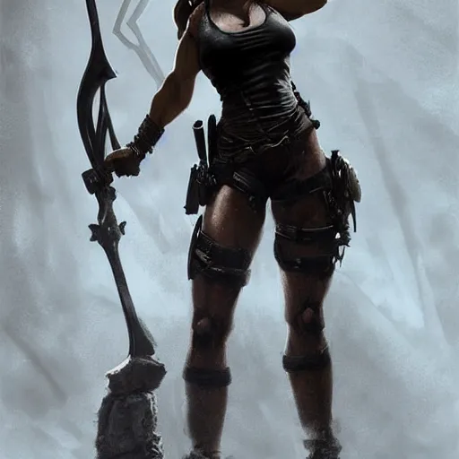 Prompt: lara croft as a female bodybuilder goth girl, fantasy, intricate, elegant, highly detailed, digital painting, artstation, concept art, matte, sharp focus, illustration, art by aenaluck and roberto ferri and greg rutkowski, epic fantasy, digital painting