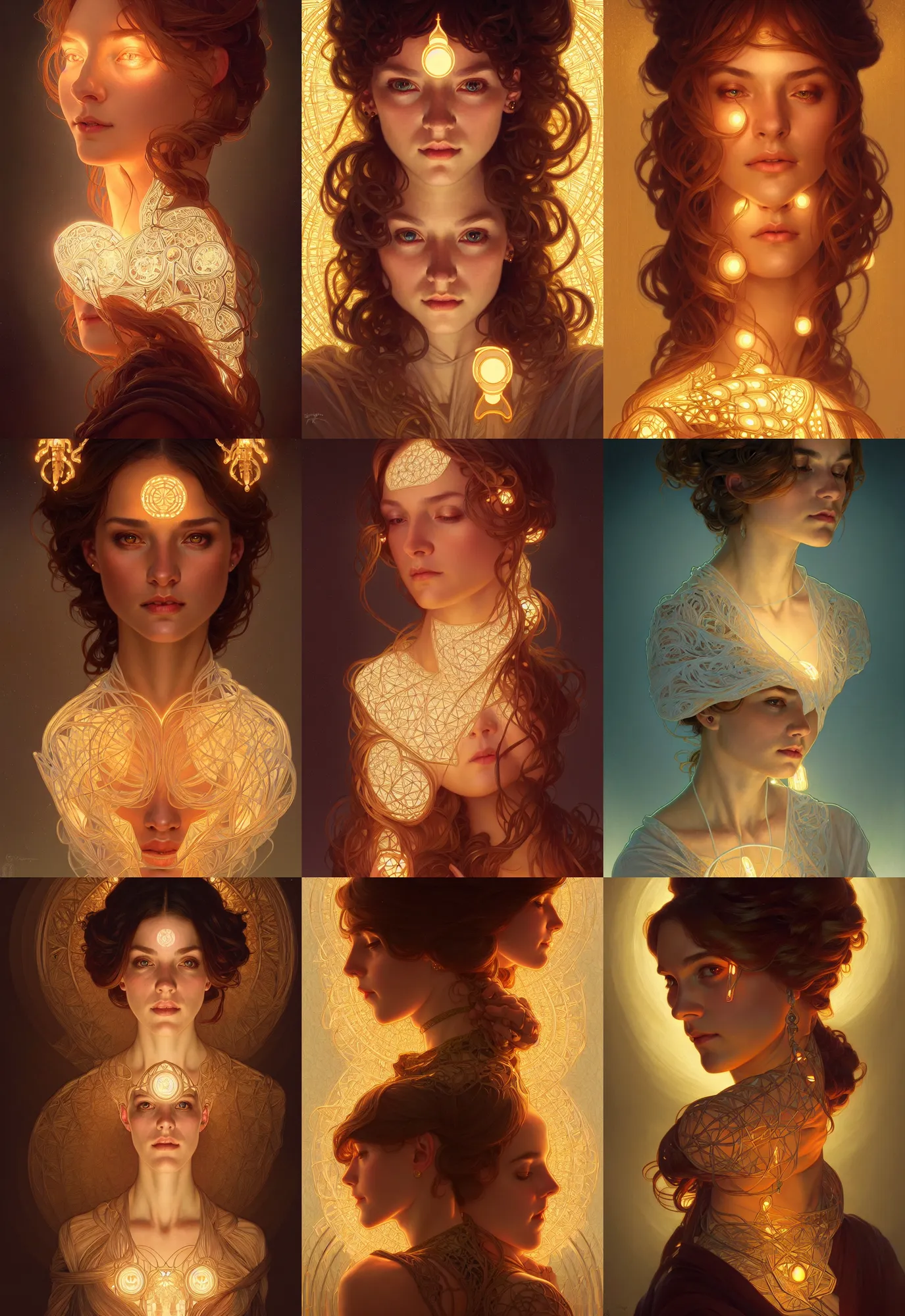 Image similar to symmetry!! portrait of a woman, cottagecore!!, glowing lights!! intricate, elegant, highly detailed, digital painting, artstation, concept art, smooth, sharp focus, illustration, art by artgerm and greg rutkowski and alphonse mucha