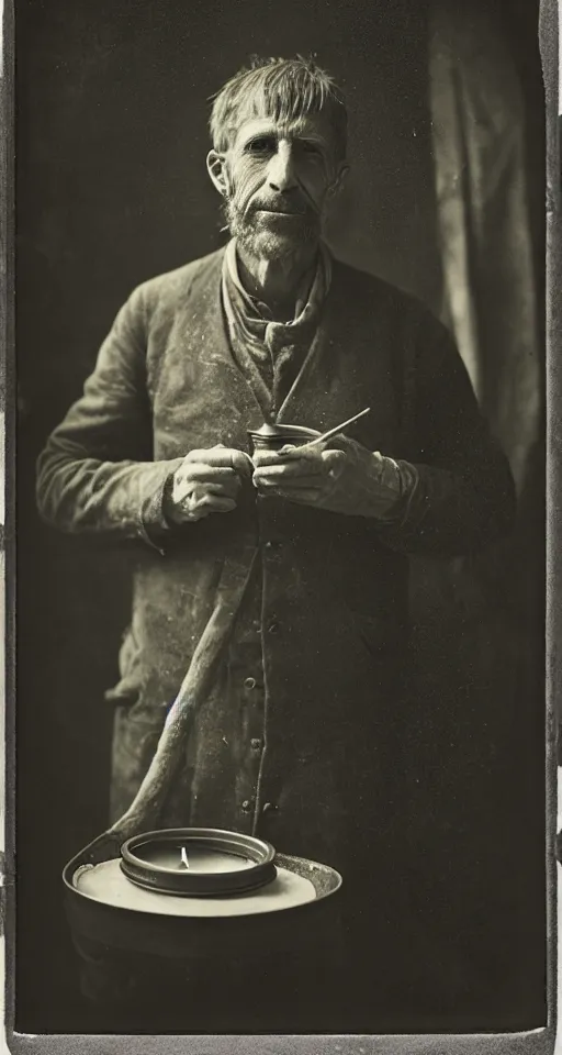 Image similar to a highly detailed digital collodion photograph, a portrait of a candlemaker