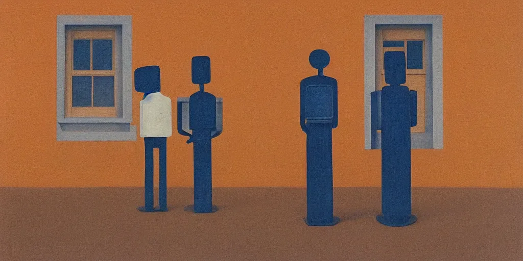 Prompt: a robot and a human standing next to each other staring out a window in the future, perfect symmetry, warm colors, in the style of gertrude abercrombie, whimsical, surreal, super focus, emotional colors, h 1 0 2 4