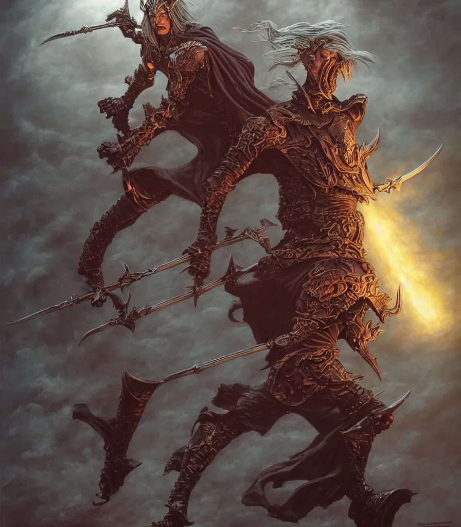 Image similar to elric of melnibone, artwork by michael whelan, full figure, action pose, dramatic lighting, cinematic, hyperrealistic, highly detailed, artstation,