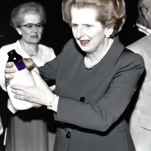 Prompt: margaret thatcher taking a bottle of milk from a baby