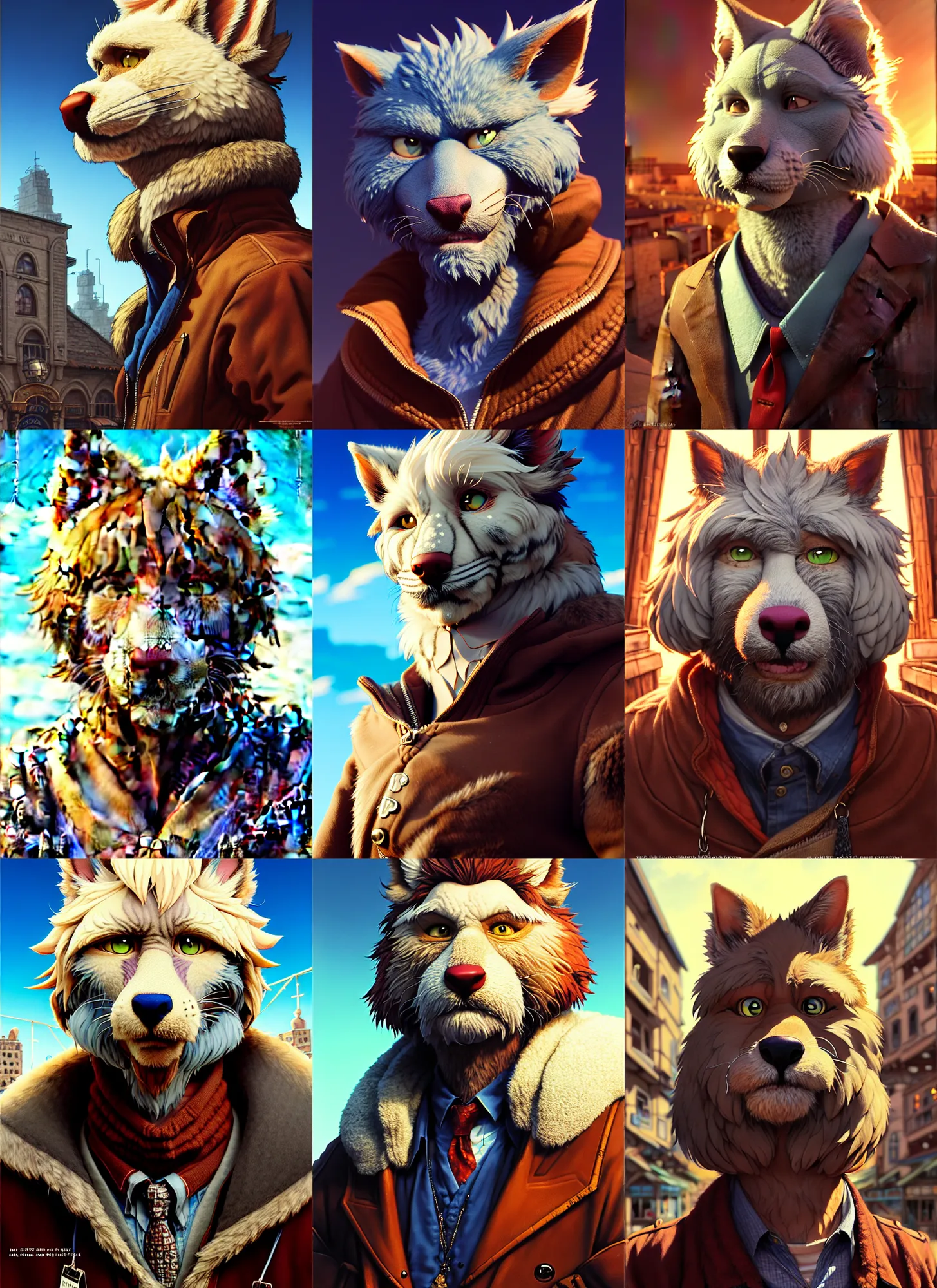 Image similar to character furry fursona portrait of jeff bridges with gorgeous detailed eyes in the marketplace in the sky, color page, tankoban, 4 k, tone mapping, doll, akihiko yoshida, james jean andrei riabovitchev marc simonetti, yoshitaka amano, h. hydrochaeris