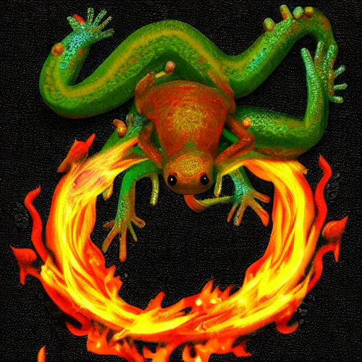 Prompt: cute salamander, fire om back, pet, mythical creature, digital art