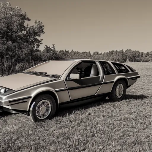 Image similar to a monochromatic sepia photograph of a delorean in a line of covered wagons,