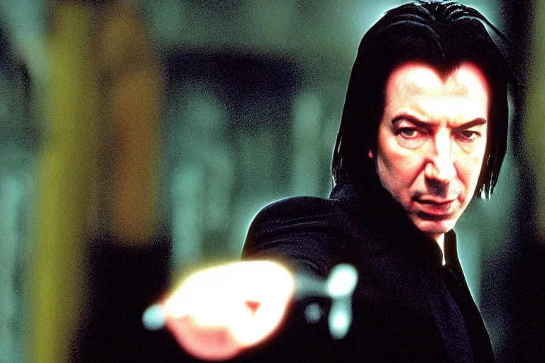 Prompt: film still of Alan Rickman as Neo in The Matrix 1999