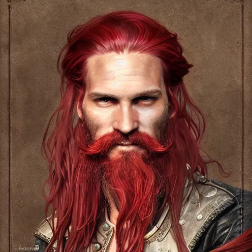 Image similar to portrait of a young ruggedly handsome but joyful pirate, male, masculine, upper body, red crimson crimson hair, long flowing hair, fantasy, smug smirk, intricate, elegant, highly detailed, digital painting, artstation, concept art, matte, sharp focus, illustration, art by artgerm and greg rutkowski and alphonse mucha