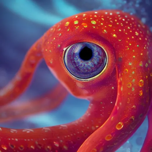 Image similar to fiery whimsical emotional eyes cephalopod, in a photorealistic macro photograph with shallow dof, in the deepest seas of the unconscious psyche
