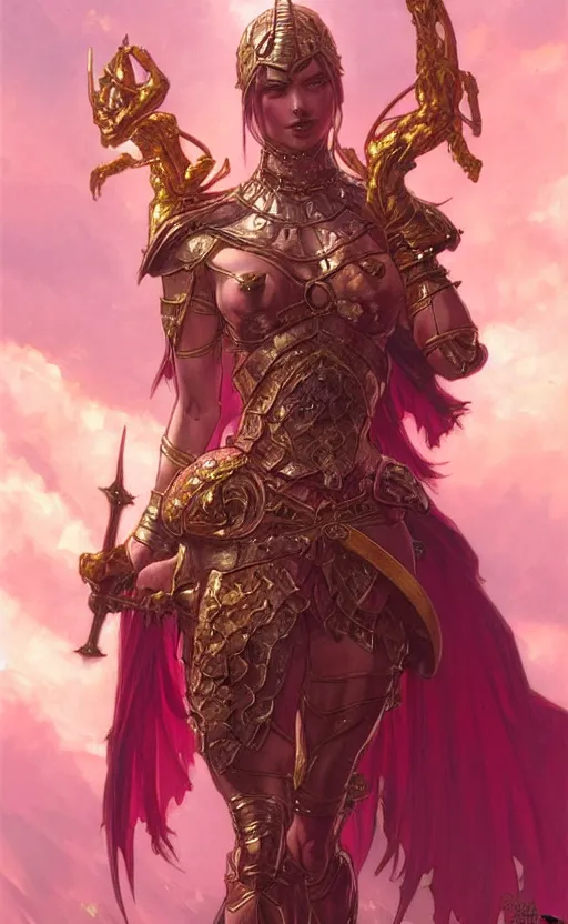 Prompt: Gothic muscular warrior queen in pink and gold mythical heavy armor of thick steel plates, fantasy, highly detailed, digital painting, artstation, concept art, smooth, sharp focus, illustration, art by artgerm and greg rutkowski and alphonse mucha