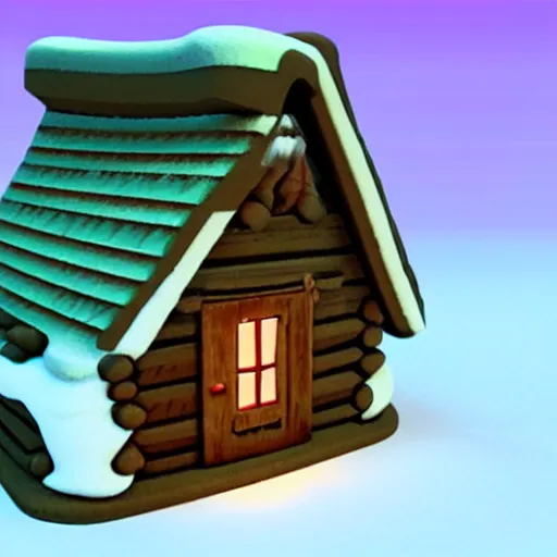 Image similar to cute clay model 3 d printed isometric cozy winter cabin at twilight, nintendo art