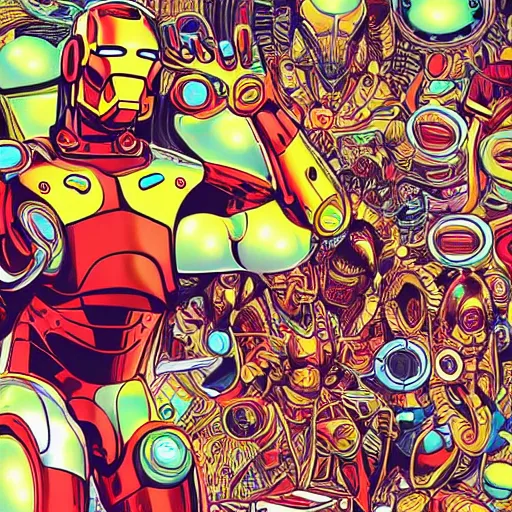 Image similar to artgerm, psychedelic laughing cybertronic ironman, rocking out, headphones dj rave, digital artwork, r. crumb, svg vector