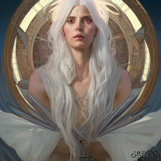 Prompt: god/goddess, non-binary, white hair, long hair, gorgeous, amazing, elegant, intricate, highly detailed, digital painting, artstation, concept art, sharp focus, illustration, art by greg rutkowski and alphonse mucha