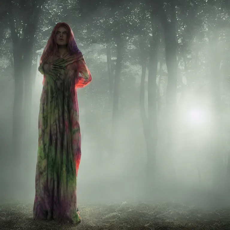 Prompt: octane render portrait by wayne barlow and carlo crivelli and glenn fabry, a woman wearing a skintight tie - dye bedsheet ghost costume, backlit, dramatic lighting, fog and mist, night time forest, light rays, cinema 4 d, ray traced lighting, very short depth of field, bokeh