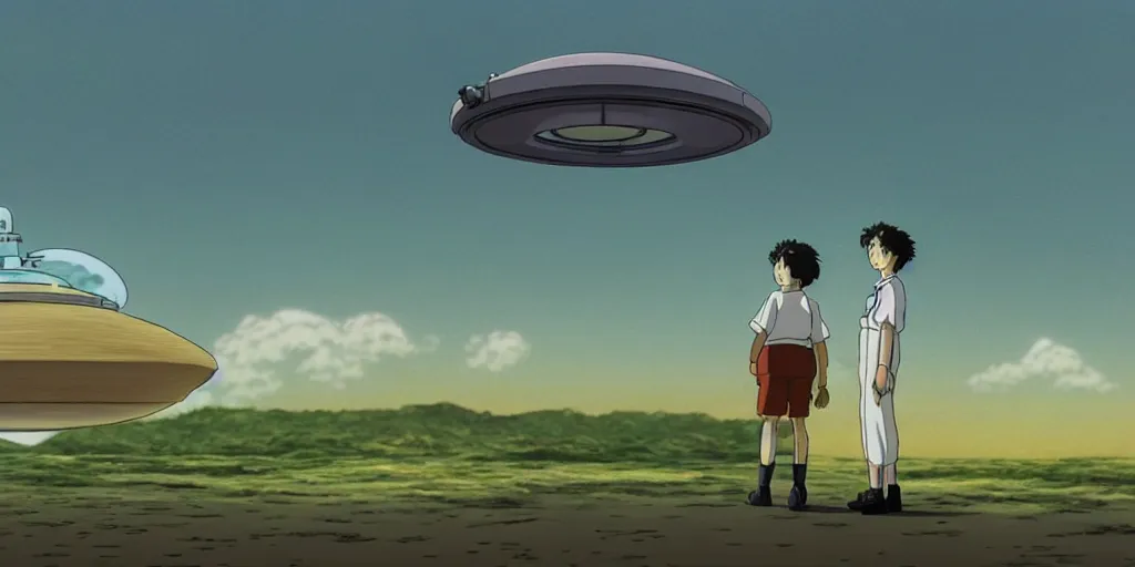 Prompt: a cell - shaded studio ghibli cartoon concept art study of a scientist looking at a ufo from independence day ( 1 9 9 6 ) opening its hatch on cloudy day at golden hour. 1 9 7 0's science fiction. very dull colors, hd, 4 k, hq