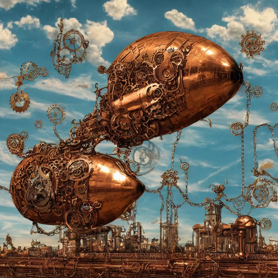 Image similar to steampunk blimp high in the sky, clouds, copper cogwheels, cogwheels, copper pipes, steam, dense, valves, pipes, vents, copper chains, golden hour, golden sun, fantasy world, award winning photography, 8 k, highly detailed