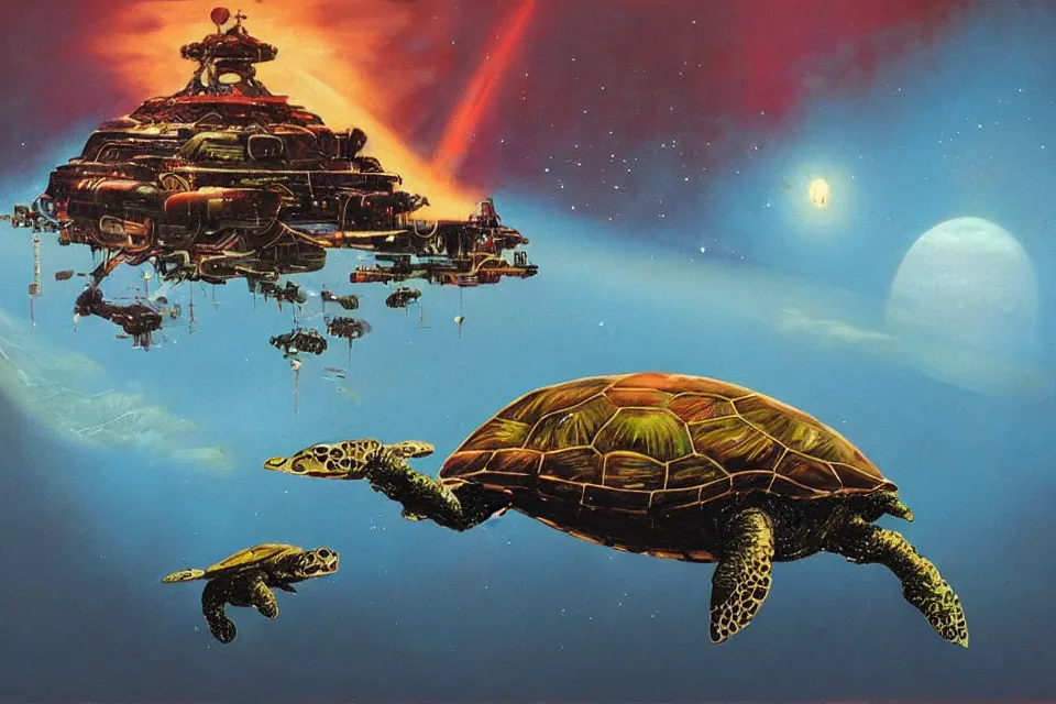 Image similar to an epic chris foss painting of a biological turtle spaceship.