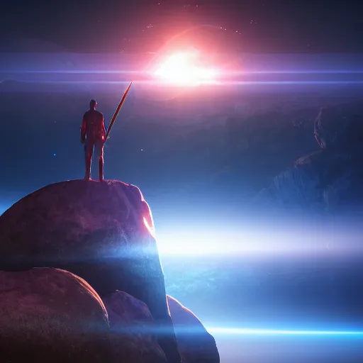 Image similar to hyperrealistic sword standing on a glowing rock, distant planet in background, fog, glow, sharp, 4 k, lens flare, highly detailed digital art, trending on artstation, masterpiece