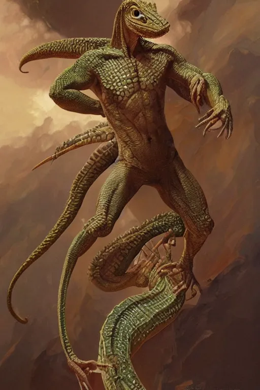 Image similar to fullbody!! dynamic action pose, jesus christ portrayed as a lizard reptile man, lizard head, holy cross, religious, intricate, elegant, highly detailed, digital painting, artstation, concept art, smooth, sharp focus, illustration, art by artgerm and greg rutkowski and alphonse mucha