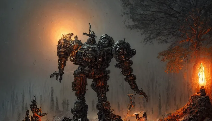 Image similar to military mech covered in armor with elden ring aesthetic, ancient metal, artifact machine, glowing lights, piloted by mysterious creatures, beautiful forests and trees, gothic castles and towers, small people with torches, intricate detail, dystopian, epic wallpaper, art by darek zabrocki and John Park and Feng Zhu and Jason Chan, trending on artstation, masterpiece.