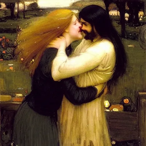 Image similar to black haired young woman hugging a tall man with long blond hair and smiling, john william waterhouse, soft lighting, romantic, love