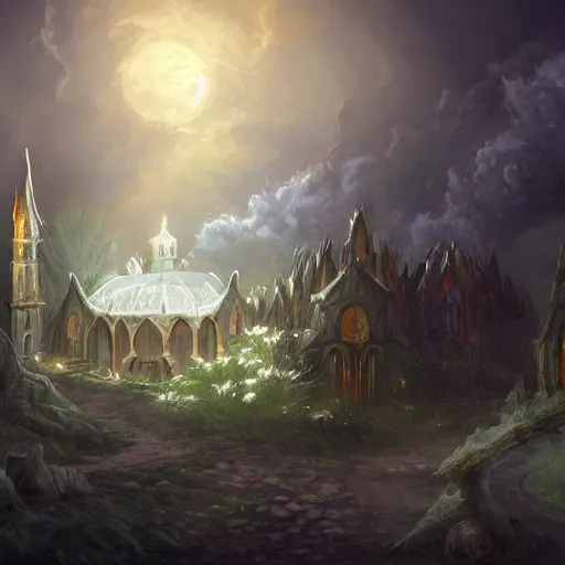 Prompt: Church of Moon, Fantasy, Art, Illustration, HD Wallpaper, Mythology, trending on artstation, Tony Sart