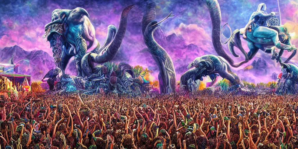 Image similar to hyper realistic coachella stage in the style of a mastodon album cover, highly detailed, intricate, digital painting, artstation, 3 5 mm film grain