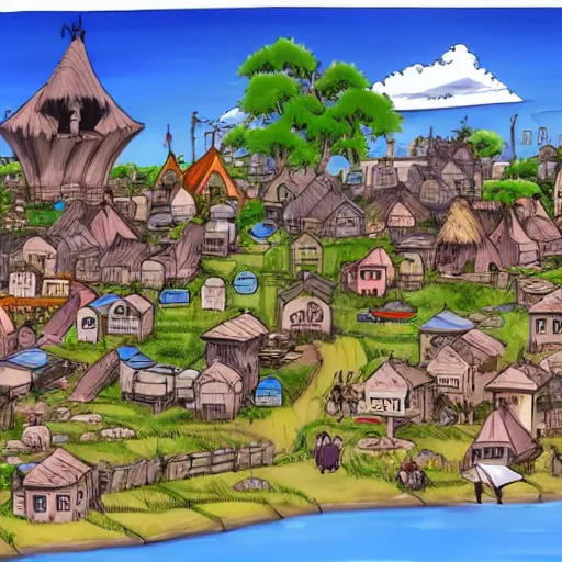 Image similar to village by a river in the style of Eiichiro Oda