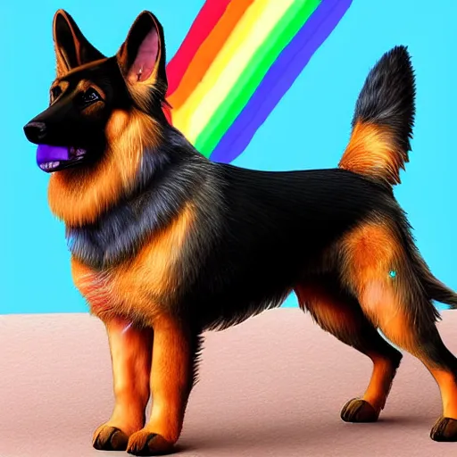 Image similar to german shepherd fursona with a rainbow tail, photo realistic, beautiful, high detail, trending on artstation.