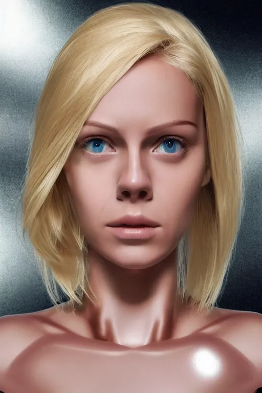 Image similar to robot with human face, female head, full body angle, woman human face, human face realistic, beautiful blonde hair, human head, human head with blonde hair, blonde hair human head, blonde hair, human realistic face, human head skin, cyborg frame concept, cyborg by ales-kotnik, sci-fi android female, the body is made of wires, robotic body, cyborg body, cyborg bust body, robot body cyborg, full body