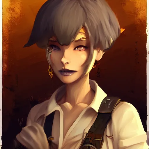 Prompt: a girl with dark skin, yellow eyes, short white hair, wearing steampunk attire, highly detailed, digital painting, artstation, matte, by makoto shinkai, animation style