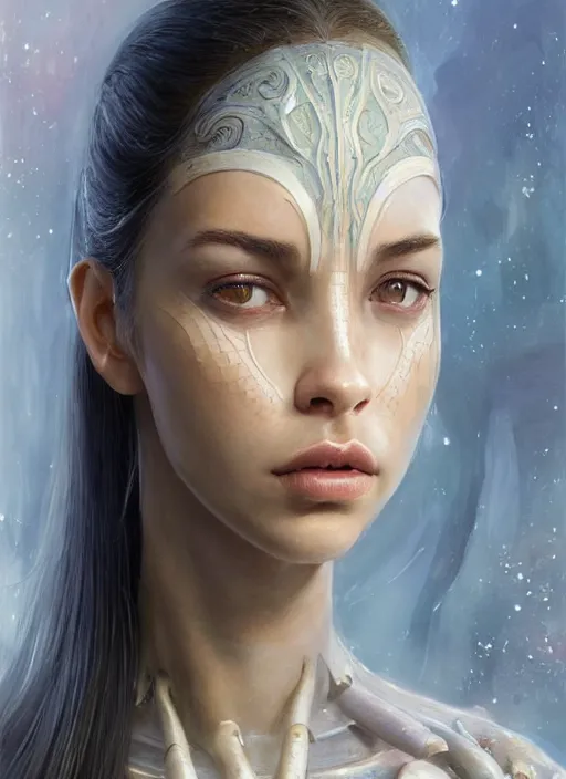 Image similar to a professional painting of a beautiful young female alien, clothed in ethereal armor, olive skin, long dark hair, beautiful bone structure, symmetrical facial features, intricate, elegant, digital painting, concept art, smooth, sharp focus, illustration, from Valerian and the City of a Thousand Planets, by Ruan Jia and Mandy Jurgens and Artgerm and William-Adolphe Bouguerea