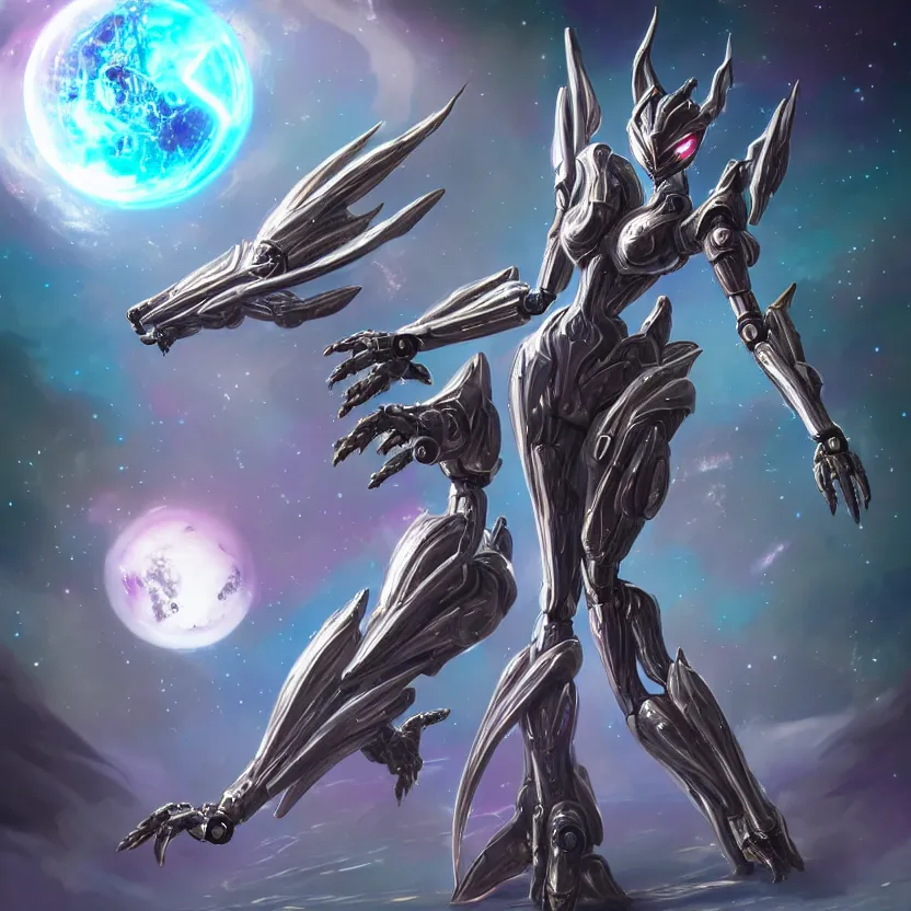 Image similar to goddess shot, galactic sized stunning beautiful anthropomorphic robot mecha female dragon, in space, larger than planets, posing elegantly, the earth a mere marble in her claws, detailed silver armor, epic proportions, epic scale, detailed digital art, ultra detailed, furry art, macro art, dragon art, giantess, warframe fanart, furaffinity, deviantart, realistic