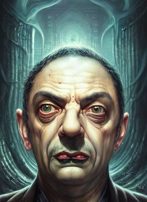 Image similar to lovecraft biopunk portrait of rowan sebastian atkinson, by tomasz alen kopera and peter mohrbacher