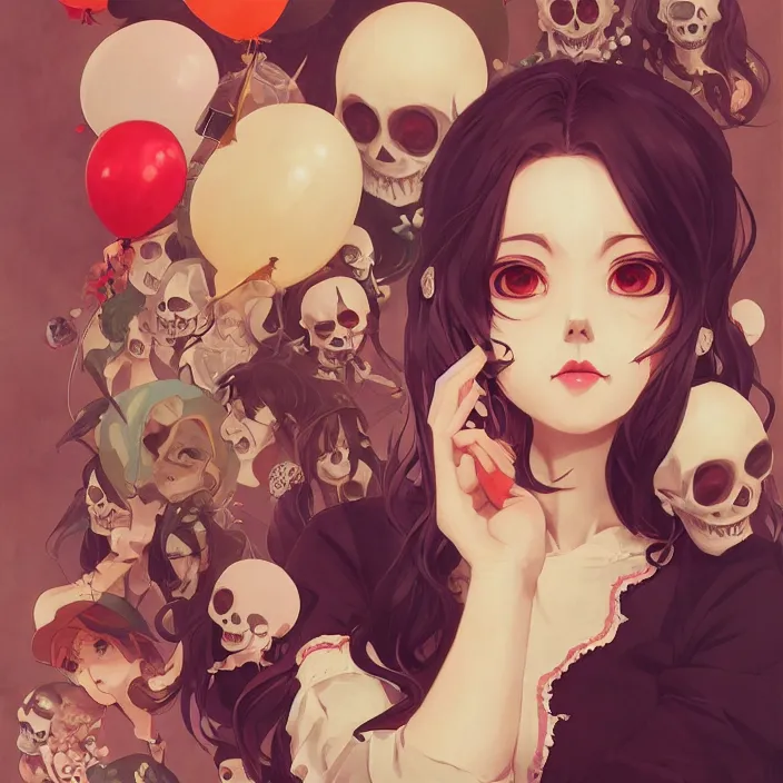 Image similar to anime skull portrait woman, balloons, mucha, hard shadows and strong rim light, art by jc leyendecker and atey ghailan and sachin teng