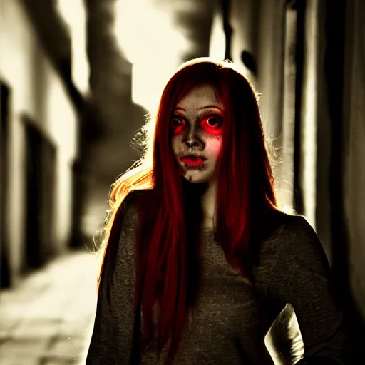 Image similar to beautiful redhead woman with glowing eyes standing in a very very dark alley, staring at the camera and smiling, motionless. Award winning, high resolution, realistic