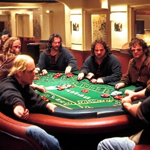 Prompt: the fellowship of the ring playing craps in las vegas