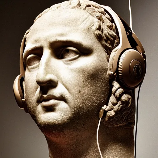 Image similar to a roman bust of Nicolas Cage wearing headphones listening to music, in the stule of vaporwave