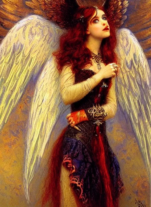 Image similar to vertical prtrait of an angel knight gothic girl, baroque dress. by gaston bussiere