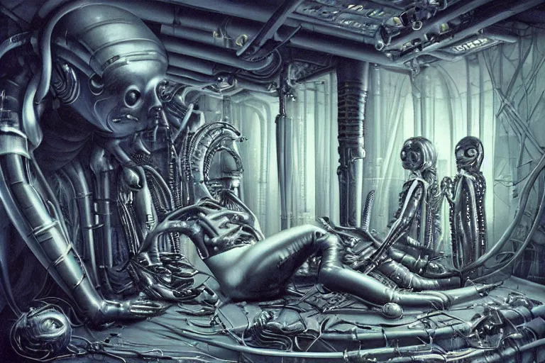 Image similar to the birth of the cyborg sleeping chambre / artificial womb by hr giger. hedonic imperative expressed as a pan - species techno - utopia imagined by jim burns and james gurney. masterpiece scifi artwork, retro, trending on artstation, 8 k